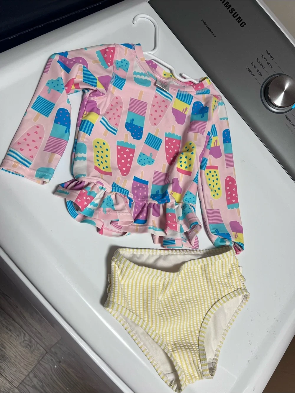 Ruffle Butts Pink Popsicle Rashguard with Yellow Ruffle Swim Bottoms
